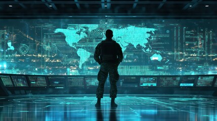 Global Military Operations Command Center – High-Tech Soldier Monitoring World Map and Cyber Intelligence Systems