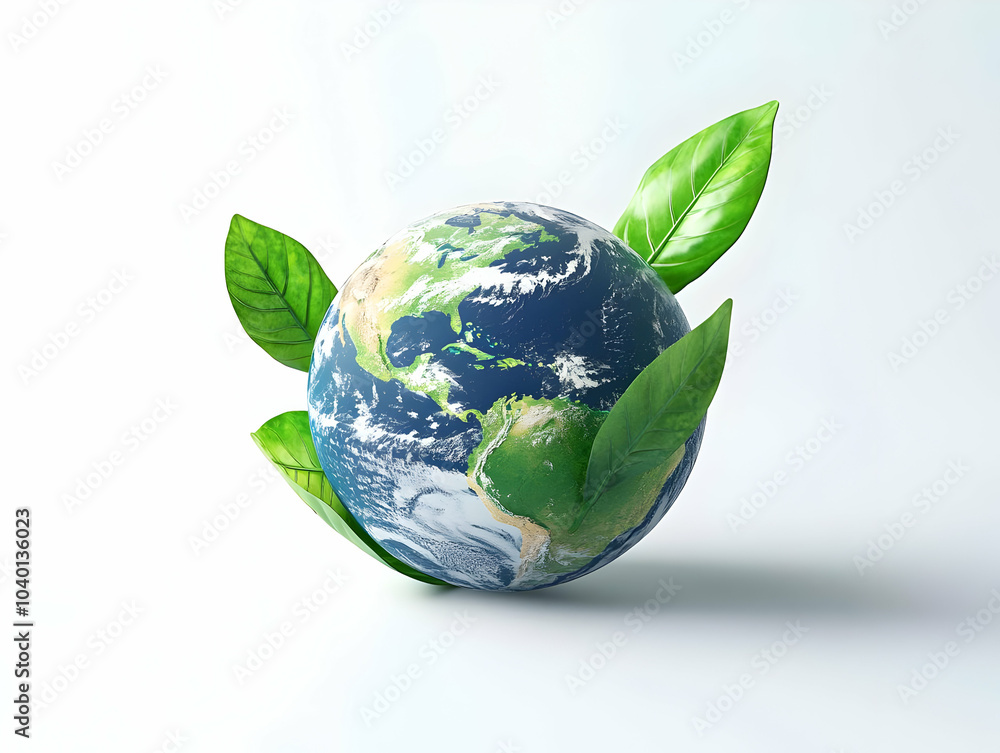 Aufkleber flat floating globe with leaf concept - centered view of globe and leaf against white background - v