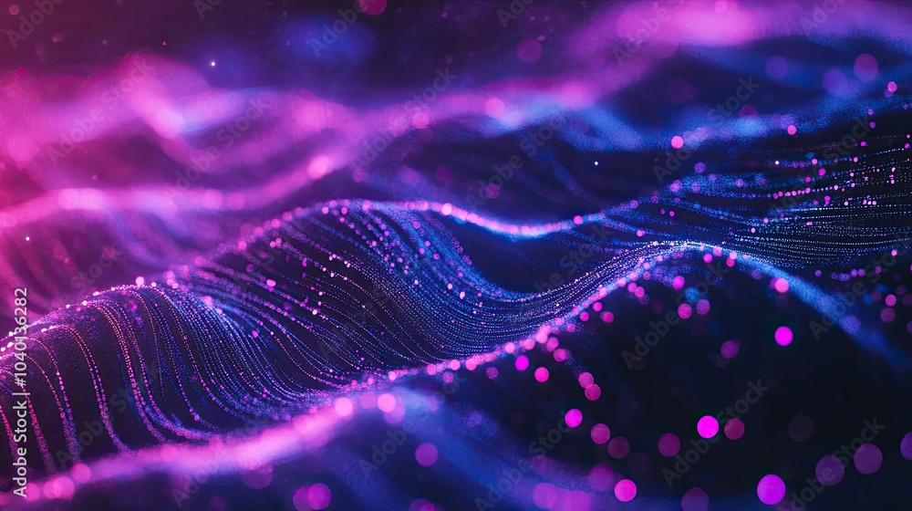 Poster dynamic digital waves flowing across a neon gradient background for tech visuals