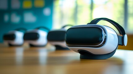A vibrant empty classroom with VR stations for immersive modern learning experiences