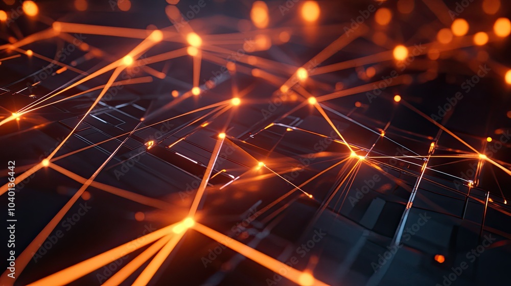 Poster dynamic geometric shapes connected by glowing light beams on a high-tech digital grid