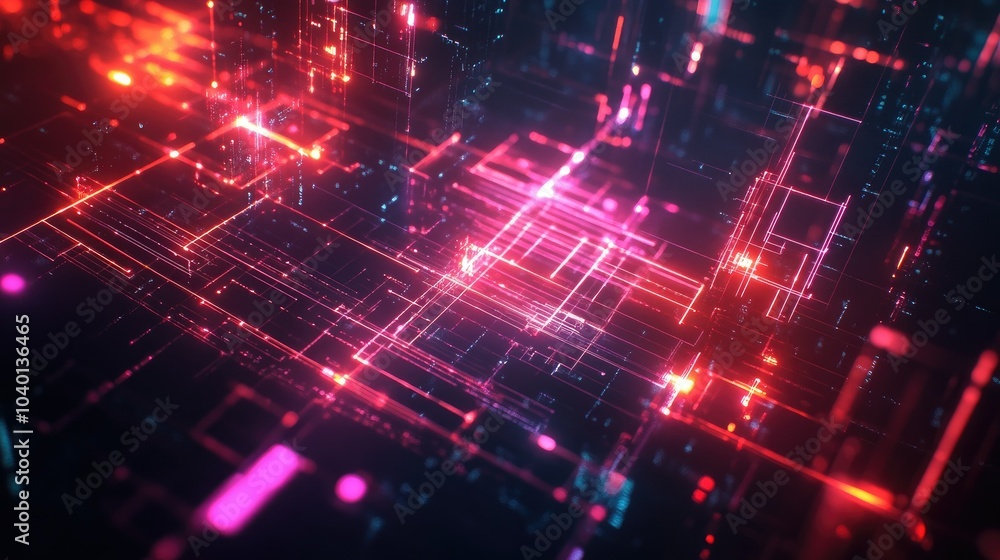 Poster dynamic geometric shapes connected by glowing light beams on a high-tech digital grid