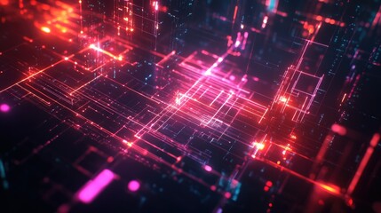 Fototapeta premium Dynamic geometric shapes connected by glowing light beams on a high-tech digital grid