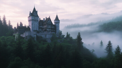 Fototapeta premium A castle is perched on a hillside in a foggy forest. The castle is surrounded by trees and the misty atmosphere gives it an eerie and mysterious feel