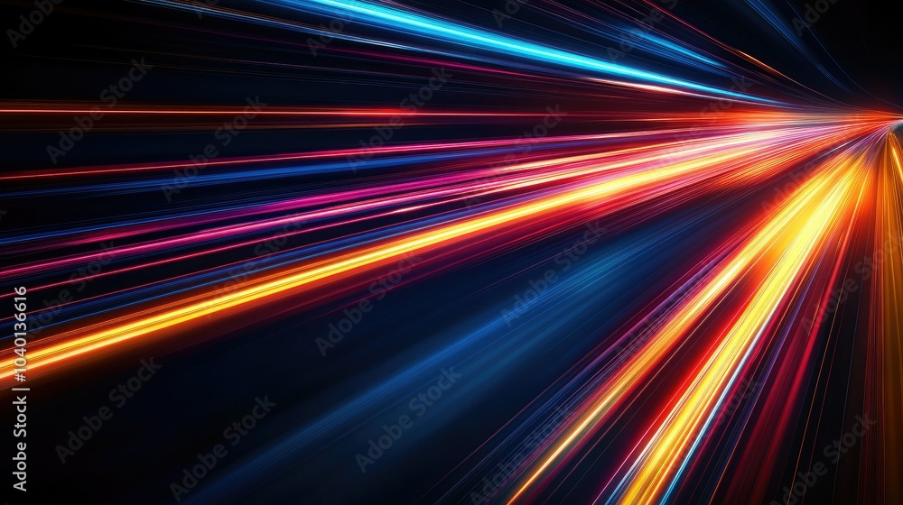 Poster dynamic light streaks on a dark background representing digital speed in technological processes