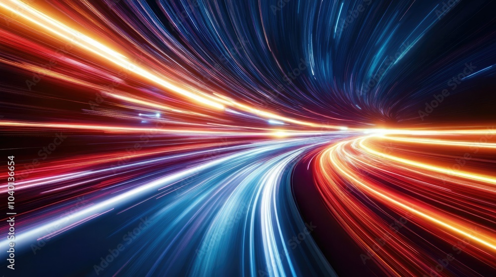 Poster dynamic light streaks on a dark background representing digital speed in technological processes