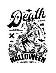 Death on a Scooter. Halloween Poster. Original vector illustration in vintage style. T-shirt design.