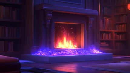 Cozy living room with a holographic fireplace creating a warm and inviting atmosphere in the evening