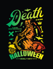 Death on a Scooter. Halloween Poster. Original vector illustration in vintage style. T-shirt design.