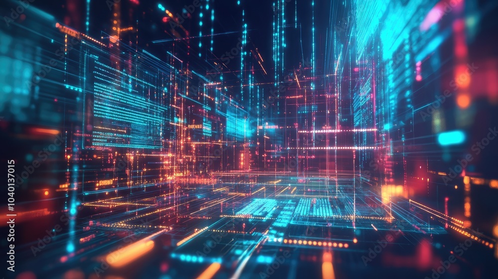 Aufkleber dynamic neon lines and geometric shapes representing digital data flow on a tech background