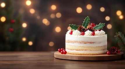 Festive holiday cake adorned with berries and pinecones