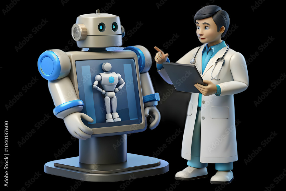 Poster doctor analyzing patient data on robotic display unit in clinical setting concept photo - candid sho