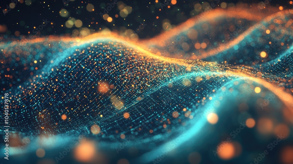 Poster Flowing data particles forming a digital wave on a futuristic tech process background