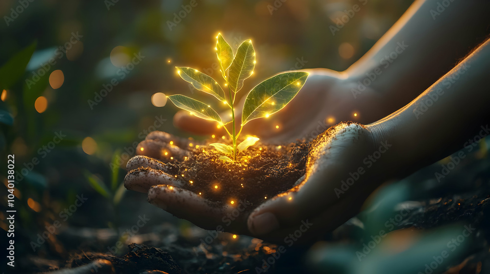 Poster 3d glowing seedling in diverse hands - abstract hands nurturing seedling transforming into tree of o