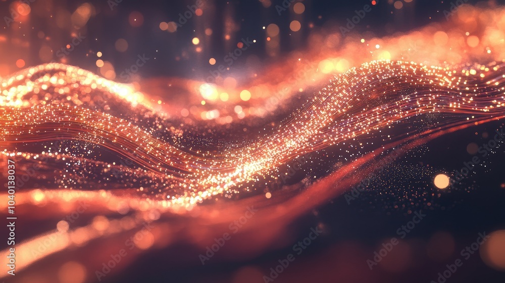 Poster Flowing data particles forming a digital wave on a futuristic tech process background