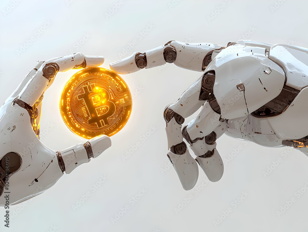 Poster flat close up robotic hands exchanging glowing digital coin financial responsibility macro shot futu