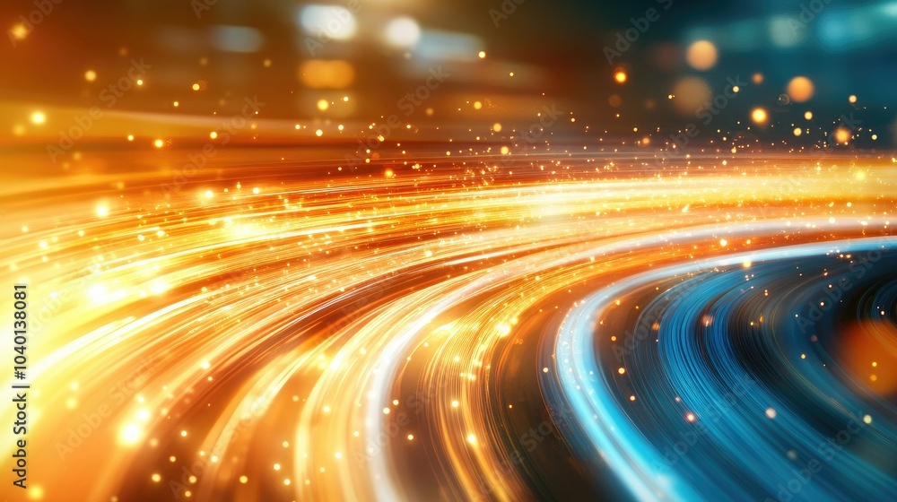 Poster flowing data streams and light beams in motion on a modern tech process background