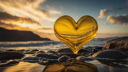 Fototapeta premium Golden glass heart on pebbles by the seaside at sunset, capturing serene beauty of nature's colors.