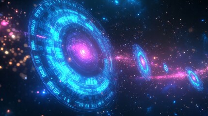 Obraz premium space and digital counters flying around in neon blue lights and stars