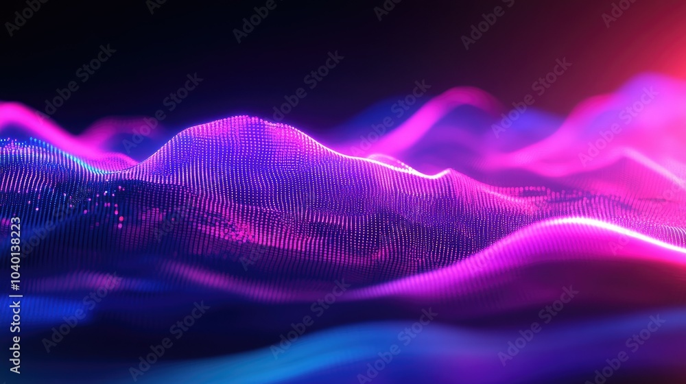 Poster flowing data waves and neon lights on a modern digital process backdrop