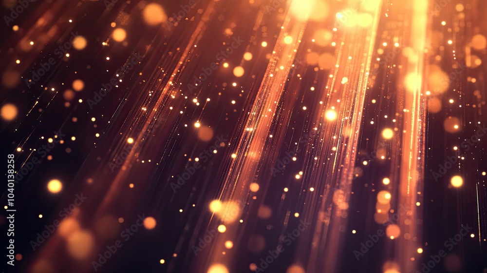 Poster flowing light beams and data particles in motion on a digital process background