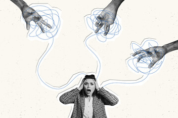 Composite photo collage of scared panic girl hold head hands aggressive threat bullying abuse...