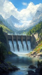 Fototapeta premium Hydroelectric Dam Impact Research, Evaluating ecological changes alongside sustainable energy generation in a river ecosystem.