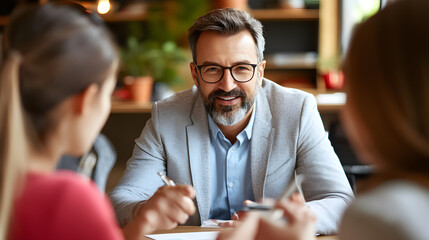 Obraz premium wise male manager discussing career development with two employees in modern office setting, fostering collaborative atmosphere