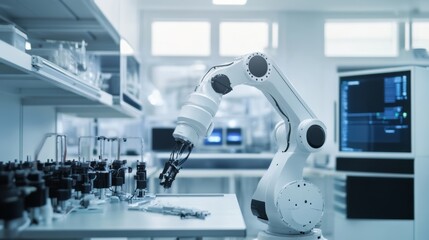 A robot managing automated environmental monitoring in a high-tech research center with clean, organized monitoring systems and advanced sensors, Environmental monitoring tech style