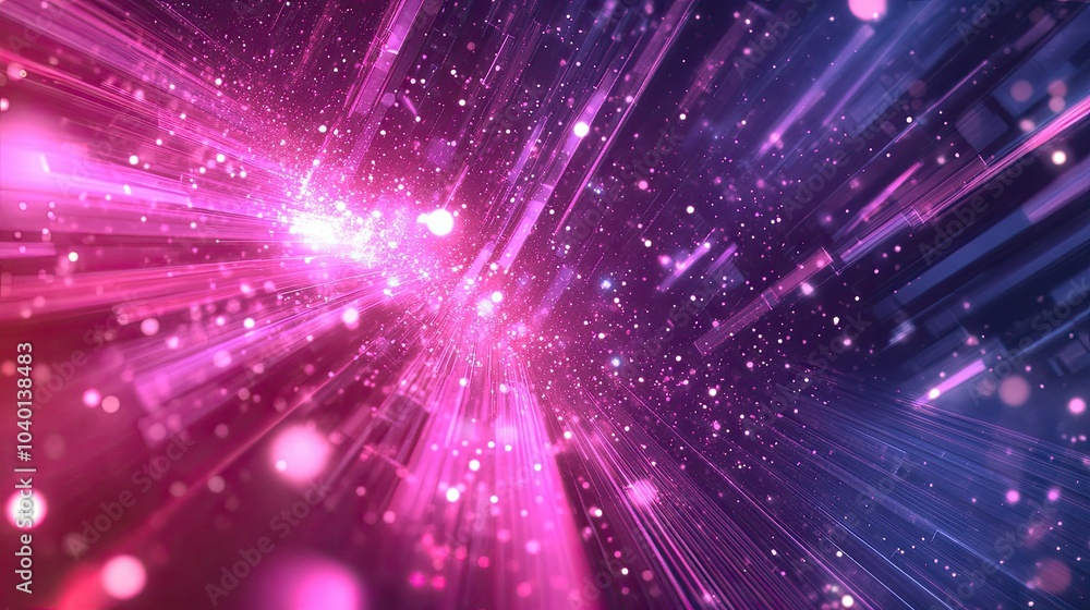 Poster flowing light beams and data particles in motion on a digital process background