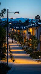 Solar-Powered Pathways in an Energy-Efficient Community, residents enjoying a sustainable environment, vibrant street life illuminated by eco-friendly lights