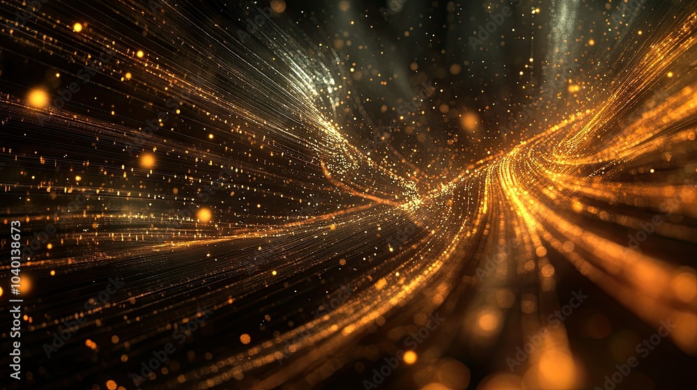 Poster flowing light paths and digital particles in motion on a high-tech background