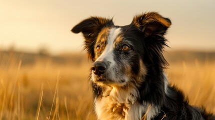 Fototapeta premium Portrait of a Border Collie with blurred countryside background, copy space, cinematic