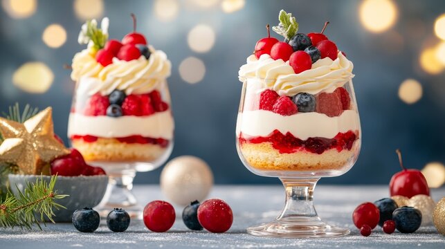 Festive berry parfaits with whipped cream and holiday decor