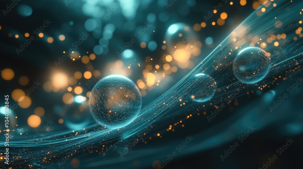 Aufkleber flowing light streams and glowing orbs on a futuristic tech process background