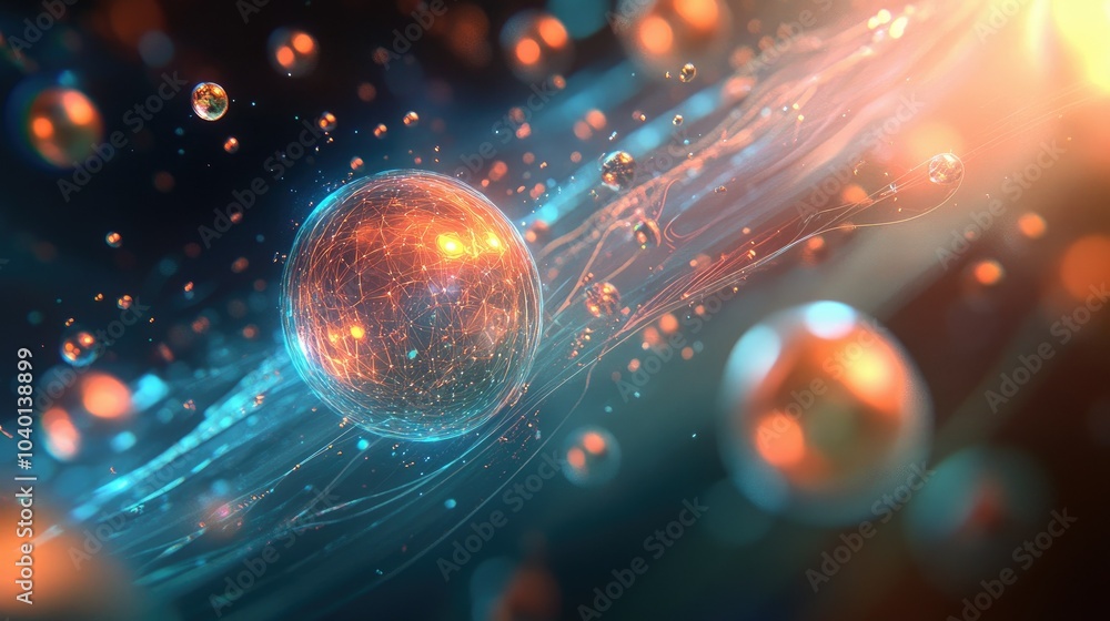 Aufkleber flowing light streams and glowing orbs on a futuristic tech process background