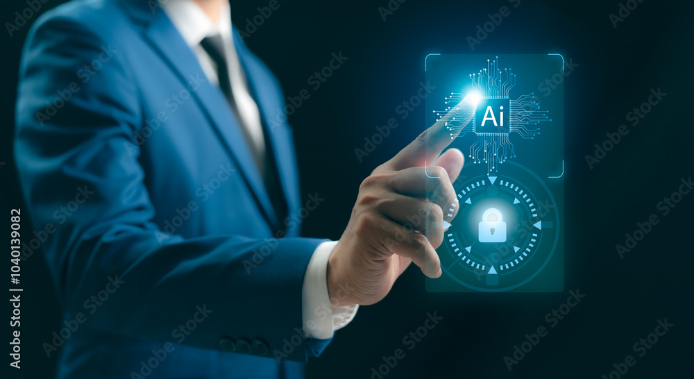 Poster a businessman hand touches cloud ai cyber technology security internet network data privacy concepts