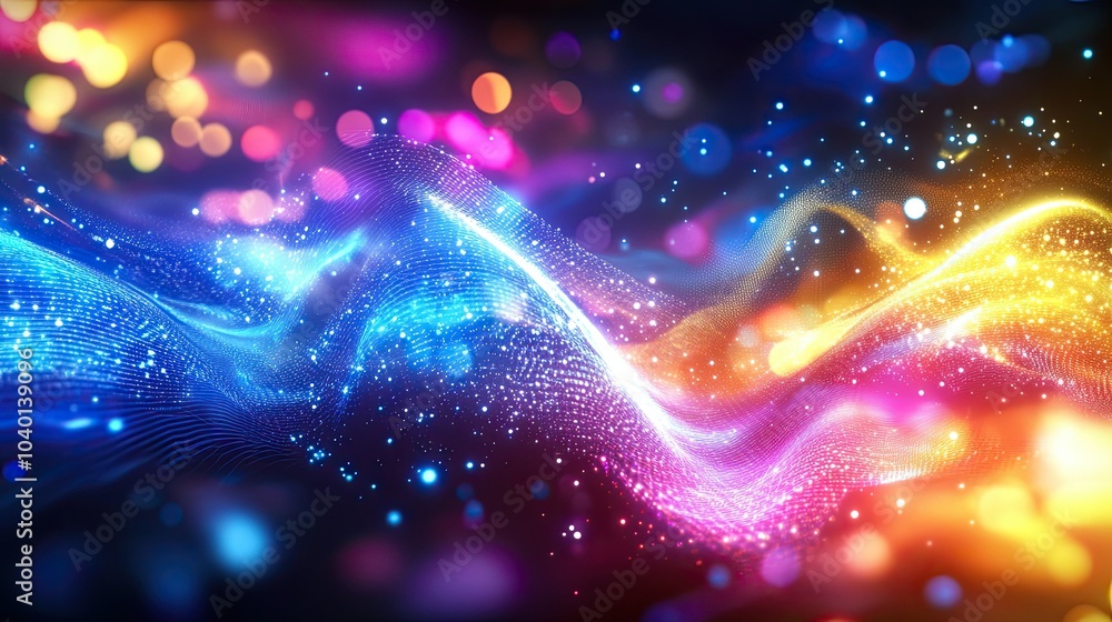 Poster flowing light streams and polygonal shapes in motion on a futuristic tech background