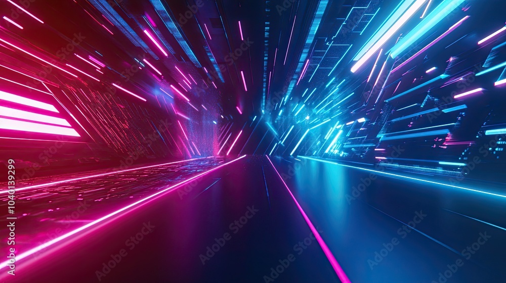 Poster flowing neon lines and geometric shapes in motion on a futuristic tech backdrop
