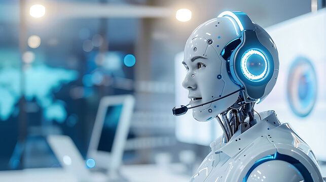 Futuristic AI Humanoid Robot with Headset Communicating in a Modern High-Tech Office Environment