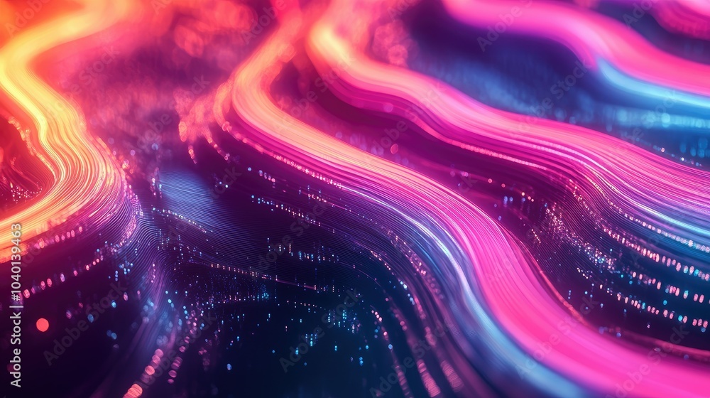 Poster flowing streams of data on a neon gradient background for modern technological visuals