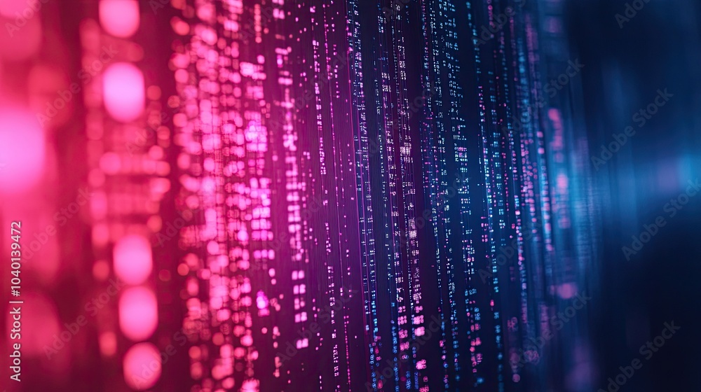 Poster flowing streams of data on a neon gradient background for modern technological visuals