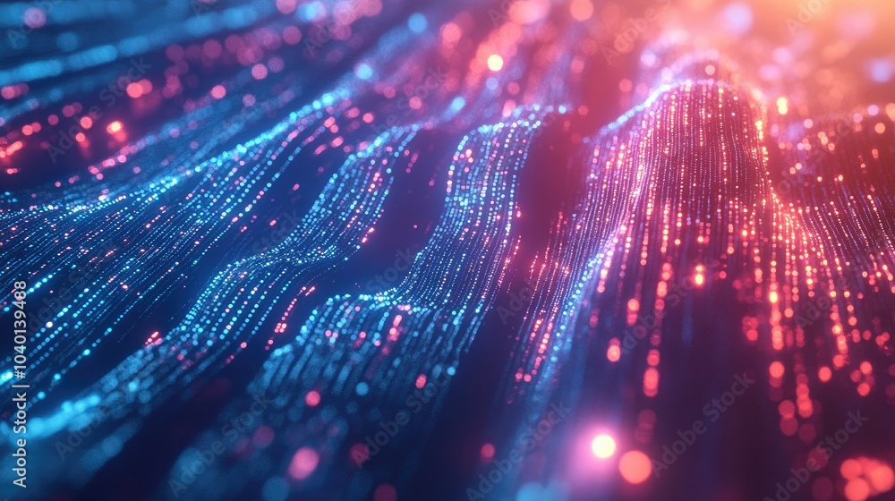 Poster flowing streams of data on a neon gradient background for modern technological visuals