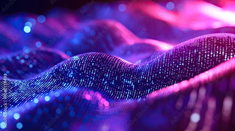 Poster flowing streams of data on a neon gradient background for modern technological visuals