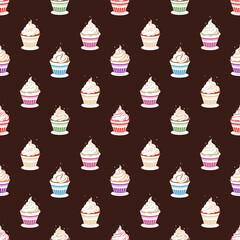 Multi-colored cupcakes with whipped cream, with glitter, seamless pattern on a brown background.
