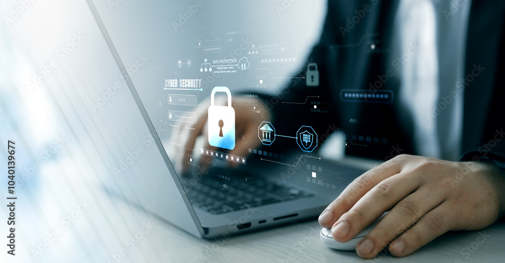 Poster data protection concept.protecting herself from cyber attacks and personal data.cyber security netwo