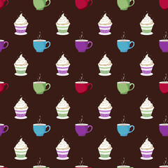 Multi-colored cups of tea with muffins with whipped cream, seamless pattern on a brown background.