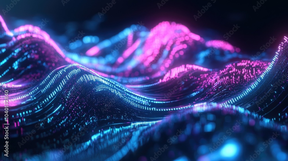 Poster futuristic digital waveforms glowing with neon light, representing tech processes
