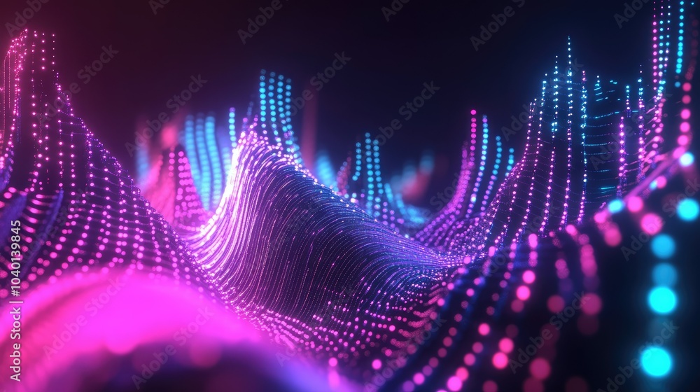 Poster futuristic digital waveforms glowing with neon light, representing tech processes