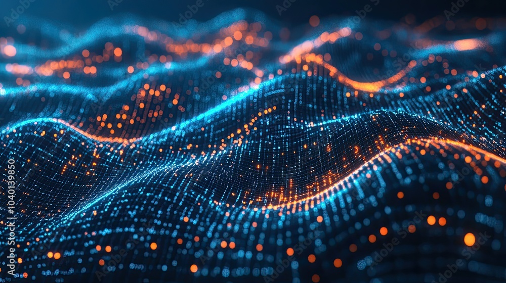Poster futuristic digital waveforms glowing with neon light, representing tech processes